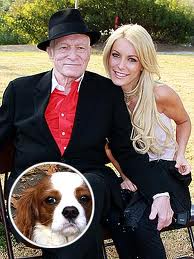 Hugh Hefner, Ex-fiance Crystal Harris and Cavaliar King Charles dog